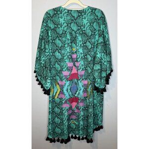 Judith March Large Snakeskin Print Tassle Embroidered Kimono Cardigan Green